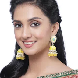 ZENEME Gold-Plated Dome Shaped Kundan Studded Jhumkas image 4