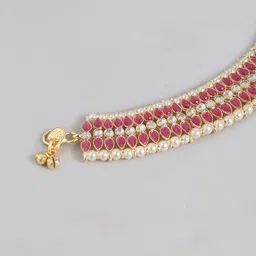 I Jewels Set Of 2 Gold-Plated Pink Kundan & Pearl Studded Anklets image 4