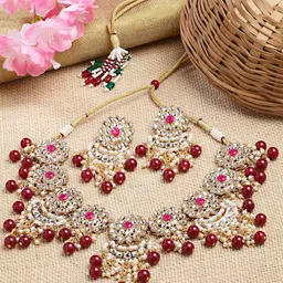 KARATCART Gold-Plated Red & White Kundan Studded & Beaded Handcrafted Jewellery Set-image-20
