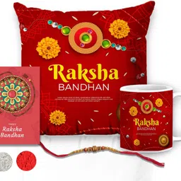 Religious Designer Cushion, Chawal Roli Pack, Rakhi, Greeting Card, Mug Set (1 Rakhi, 1 Cushion Cover, 1 Coffee Mug, 1 Roli Chawal Packet, 1 Greeting Card)_92 Mauli Thread Rakhi, Greeting Card, Cushion, Mug, Chawal Roli Pack Set-image-6