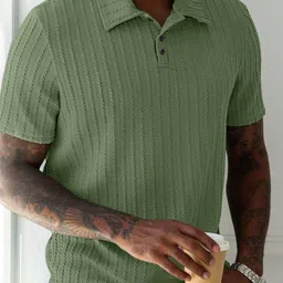 kajaru Men Self Design Polo Neck Pure Cotton Green T-Shirt-picture-10