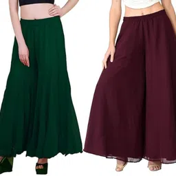 affleon Pack of 2 Women Flared Green Georgette Trousers-picture-32