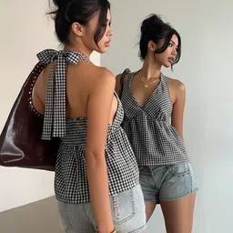 quintessentials Casual Sleeveless Checkered Women Black Top-picture-11