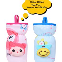 the little lookers Soft Plush Stretchable Baby Feeding Bottle Cover with Easy to Hold Strap | Suitable for 120ml | Cute Animated Overall Print Pack of 2 (Pink & Blue, Narrow Neck 120ml/4OZ)-picture-11