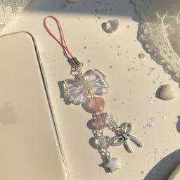 SNOWY SHOP 2pcs Pastel Silver Bow Korean Hanging Mobile Keychain Bag Strap Set for Girls Phone Charm image 2