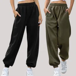 q-rious Pack of 2 Women Solid Black, Olive Track Pants image 1