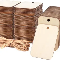 haoser 100 Pcs Unfinished Wood Pieces Rectangle-Shaped, Light Wooden Cutout Natural Rustic with Hole, LxW-2.5x1.5 Inches and 3M Rope, for Craft Projects, Hanging Decorations, Painting, Staining image 1