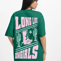 juneberry Oversized Women Printed Round Neck Pure Cotton Dark Green T-Shirt image 4