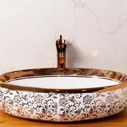 bassino GR-008 Art Wash Basin Countertop, Tabletop Ceramic Bathroom Sink/Basin (WHITE & ROSE GOLD) (600X400X150MM) Table Top Basin-picture-12