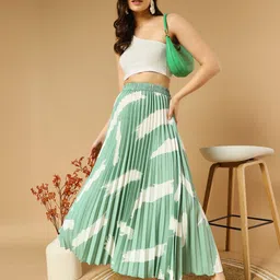 zwerlon Women Printed Pleated Light Green Skirt-picture-15