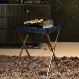 three sixty Croco Leather Foldable End Table In Blue Finish-picture-23