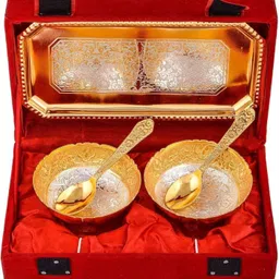 international gift Silver & Gold Plated 2 Round Bowl, 2 Spoon With Tray | Box & Bag | For Dry Fruit Decorative Showpiece - 10 cm-picture-13