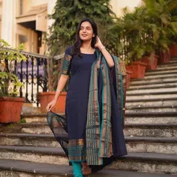 vastrahaar Women Solid Cotton Silk Ethnic Dress With Attached Dupatta image 2