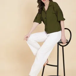 ekasya Women Boxy Fit Solid Lapel Collar Casual Shirt image 5