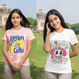 Women Printed Round Neck Polyester Pink, White T-Shirt-image-70