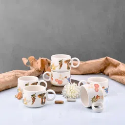 nohunt Pack of 6 Ceramic Printed Set of 6 Cups, 150ml Each|For Tea,Coffee,Hotdrinks & Perfect For Gifting image 1