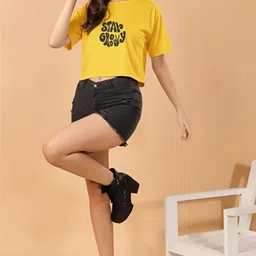 furrr Casual Regular Sleeves Self Design Women Yellow Top image 3