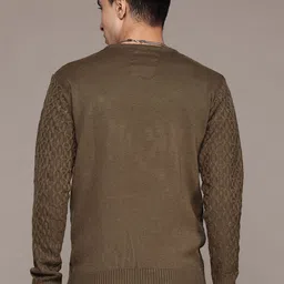 roadster Men Self Design Round Neck Brown Sweater image 2