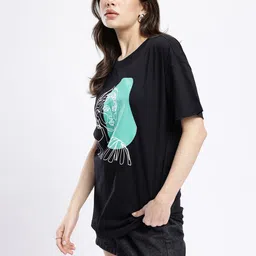 glitchez Women Printed Round Neck Pure Cotton Black T-Shirt image 3