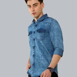 18plus Men Regular Fit Washed Cut Away Collar Casual Shirt image 3
