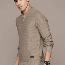roadster Men Self Design High Neck Brown Sweater image 3