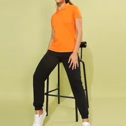 dollar Women Solid Polo Neck Cotton Blend Orange T-Shirt image 2