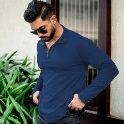 indiclub Men Solid Polo Neck Polycotton Blue T-Shirt image 3