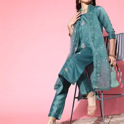 SheWill Women Blue Ethnic Motifs Embroidered Kurta with Trousers & With Dupatta image 1