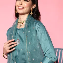 SheWill Women Blue Ethnic Motifs Embroidered Kurta with Trousers & With Dupatta image 2