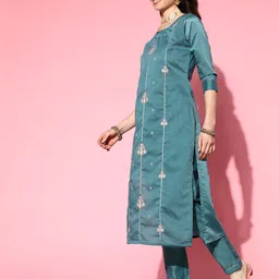 SheWill Women Blue Ethnic Motifs Embroidered Kurta with Trousers & With Dupatta image 4