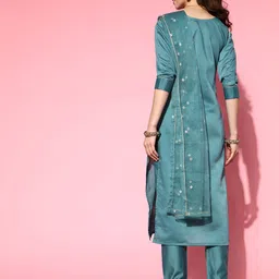 SheWill Women Blue Ethnic Motifs Embroidered Kurta with Trousers & With Dupatta image 5