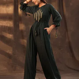 Juniper Green Basic Jumpsuit with Embroidered Detail image 4