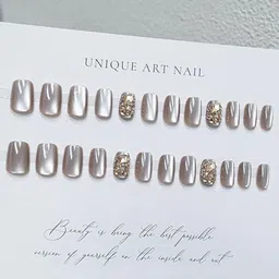 Secret Lives 24-Pcs Cats Eye with 3D Crystals Artificial Nails - Brown & Golden image 2