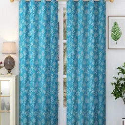 Homefab India Sonet Blue & White 2 Pieces Floral Long Door Curtains-picture-0