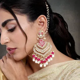 Peora Pink & Gold-Plated Pink Kundan Pearl Dangling Earrings With Chain image 1