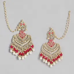Peora Pink & Gold-Plated Pink Kundan Pearl Dangling Earrings With Chain image 2