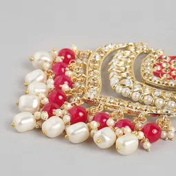 Peora Pink & Gold-Plated Pink Kundan Pearl Dangling Earrings With Chain image 4