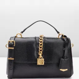 GUESS Women Snake Skin Textured Structured Satchel Bag with Chain Detail-picture-39
