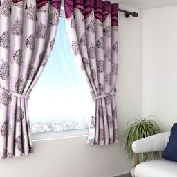 Cortina Off-White & Purple Set of 2 Fancy Valance Leaf Printed Window Curtains-picture-8
