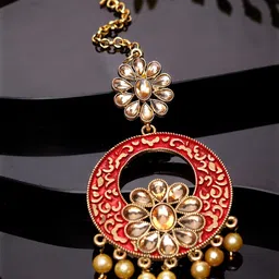 ANIKAS CREATION Gold-Plated & Red Stone Studded Enameled Hand Painted Traditional Maang Tikka-picture-31