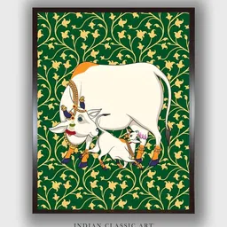 INDIAN CLASSIC ART Green & Yellow Canvas Pichwai Cow Painting Wall Art-image-46