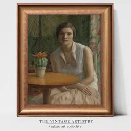 THE VINTAGE ARTISTRY Brown & Green Woman & Cactus Wooden Framed Wall Painting-image-97