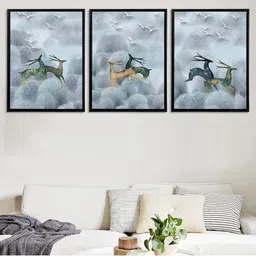 Art Street Unisex Set Of 3 Grey & Brown Running Deer Theme Framed Canvas Wall Art-picture-38