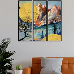 999Store Set Of 3 Yellow & Blue Natural Landscape & Birds Canvas Painting-picture-21