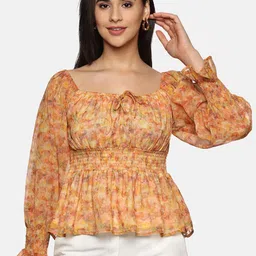 ISU Floral Print Sweetheart Neck Puff Sleeve Chiffon Cinched Waist Top-image-47