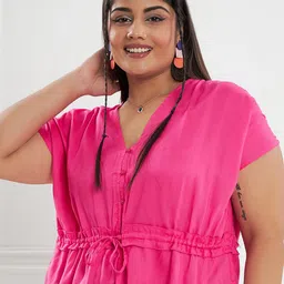CURVE BY KASSUALLY Fuchsia V-Neck Extended Sleeves Pure Cotton Cinched Waist Top-image-95