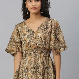 SHOWOFF Beige Animal Print Crepe Cinched Waist Top-picture-25