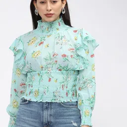 Tokyo Talkies Sea Green & Yellow Floral Print Cinched Waist Top-image-71