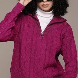 roadster Women Self Design Turtle Neck Pink Sweater-picture-16