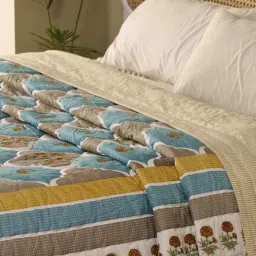 peepul tree Handprinted Cotton Rust & Taupe With Marigold Floral Quilt image 5